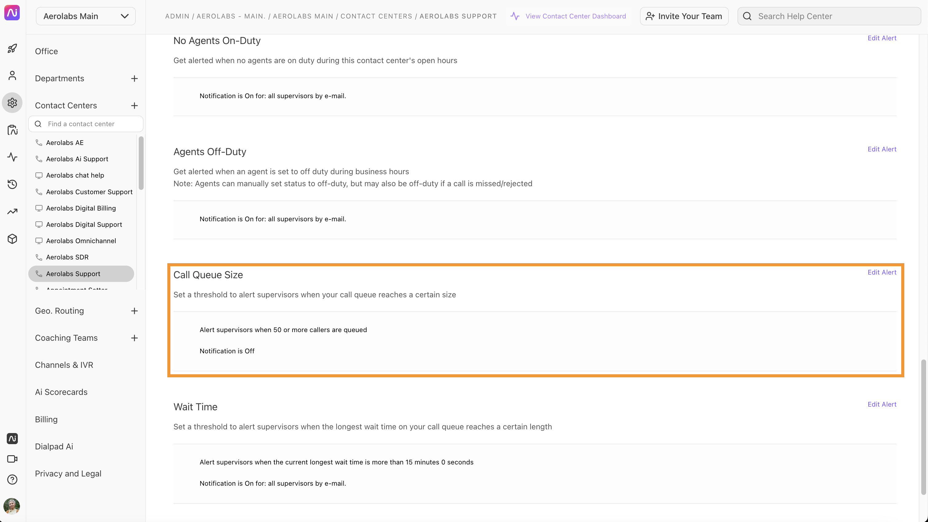 Settings for call queue size and wait time notifications for supervisors.